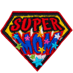 A gold, diamond-shaped patch has the words Super Mom on it. The word Mom is decorated with multicoloured stars.