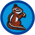The side view of a chipmunk holding an acorn on a blue background.