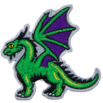 This mighty, green dragon has his wings stretched high into the sky and stands proudly with his neck arched.