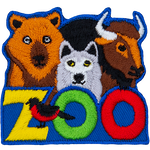 A bear, wolf and buffalo peer over the top of the word Zoo. A bird sits on the Z.