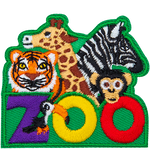 A tiger, giraffe, zebra, and monkey peer overtop of the word Zoo. A toucan sits on the Z.