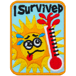A worried sun watches an exploding thermometer. The words I Survived are stitched at the top.