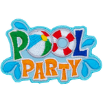 This patch displays the words Pool Party. The Os in Pool are replaced by a beach ball and life preserver. Splash droplets spray off the words.