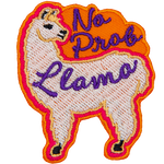 A fluffy llama looks back at the words No Prob Lama.