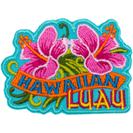 Two Hibiscus flowers face away from each other. Hawaiian Luau is embroidered below; the word Hawaiian is on an orange banner.
