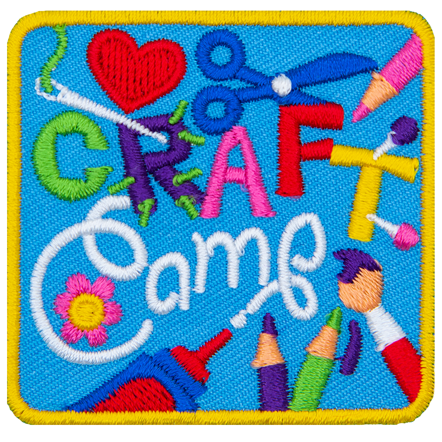 The words Craft Camp are stitched in the center of a patch. The R is replaced by a needle and thread. Various craft items decorate the background.