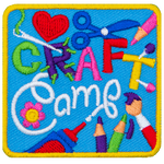 The words Craft Camp are stitched in the center of a patch. The R is replaced by a needle and thread. Various craft items decorate the background.
