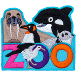 The word Zoo is under a walrus, orca, seal, and penguin. A gull stands in front of the Z and O.