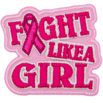 The words Fight Like A Girl in pink. The I in Fight is a pink ribbon.