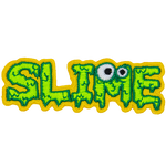This badge spells out the word Slime. Each letter is covered in dripping green goop, and the M has two monster eyes on it.