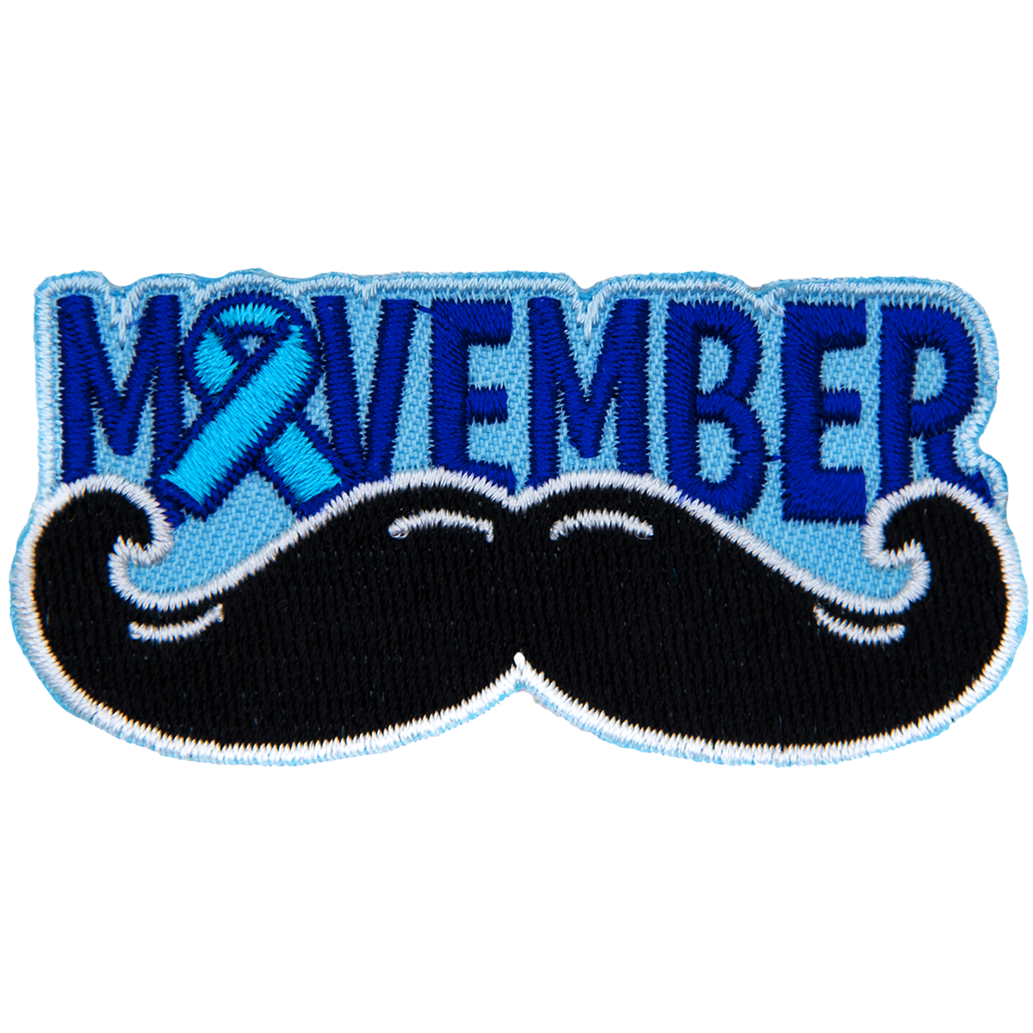 The word Movemeber is above a curled mustache. A blue ribbon replaces the O.