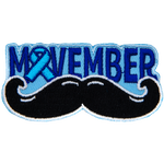 The word Movemeber is above a curled mustache. A blue ribbon replaces the O.