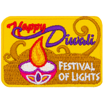 This rectangular yellow patch has the words Happy Diwali at the top and Festival of Lights at the bottom, next to a candle with a round base.