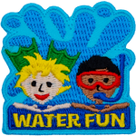 Two kids in swim-gear rest their arms on the words Water Fun as a giant wave rises up behind them.