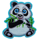 An adorable black and white panda bear is sitting up and is about to munch on a shoot of bamboo.