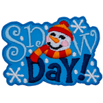 The words Snow Day! make up this patch. A snowperson in a red and yellow scarf wearing a toque replaces the O.