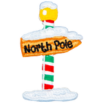 A green, white and red striped pole, holding up a sign pointing right that reads North Pole.