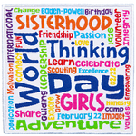 This square patch is filled with words going in every direction. The most prominent say World Thinking Day, Sisterhood, Girls, and Adventure.