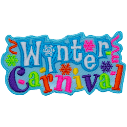 The words Winter Carnival make up this patch. Bright confetti is around the words. Carnival is stitched in multicolour thread.