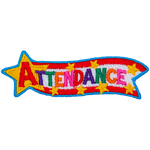 The word Attendance is in a cartoon star on a ribbon. Smaller gold stars are in the red and white ribbon behind it.