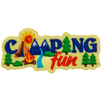 The words Camping Is Fun are made out of mountains, a tent and a river.