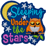 The words Sleeping Under The Stars are next to a sleeping orange owl and a moon.