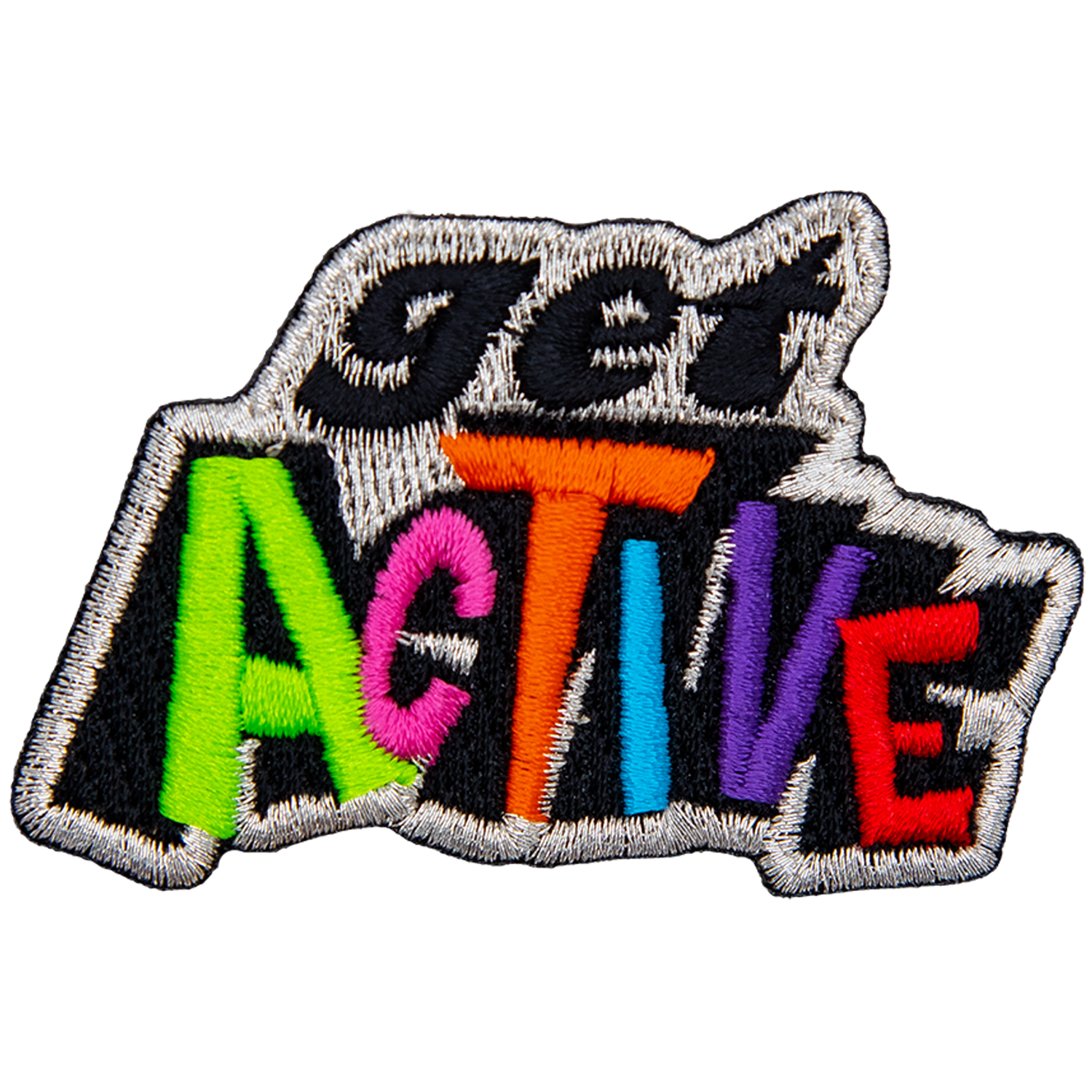 This metallic bordered crest has the word Get stacked on top of Active.