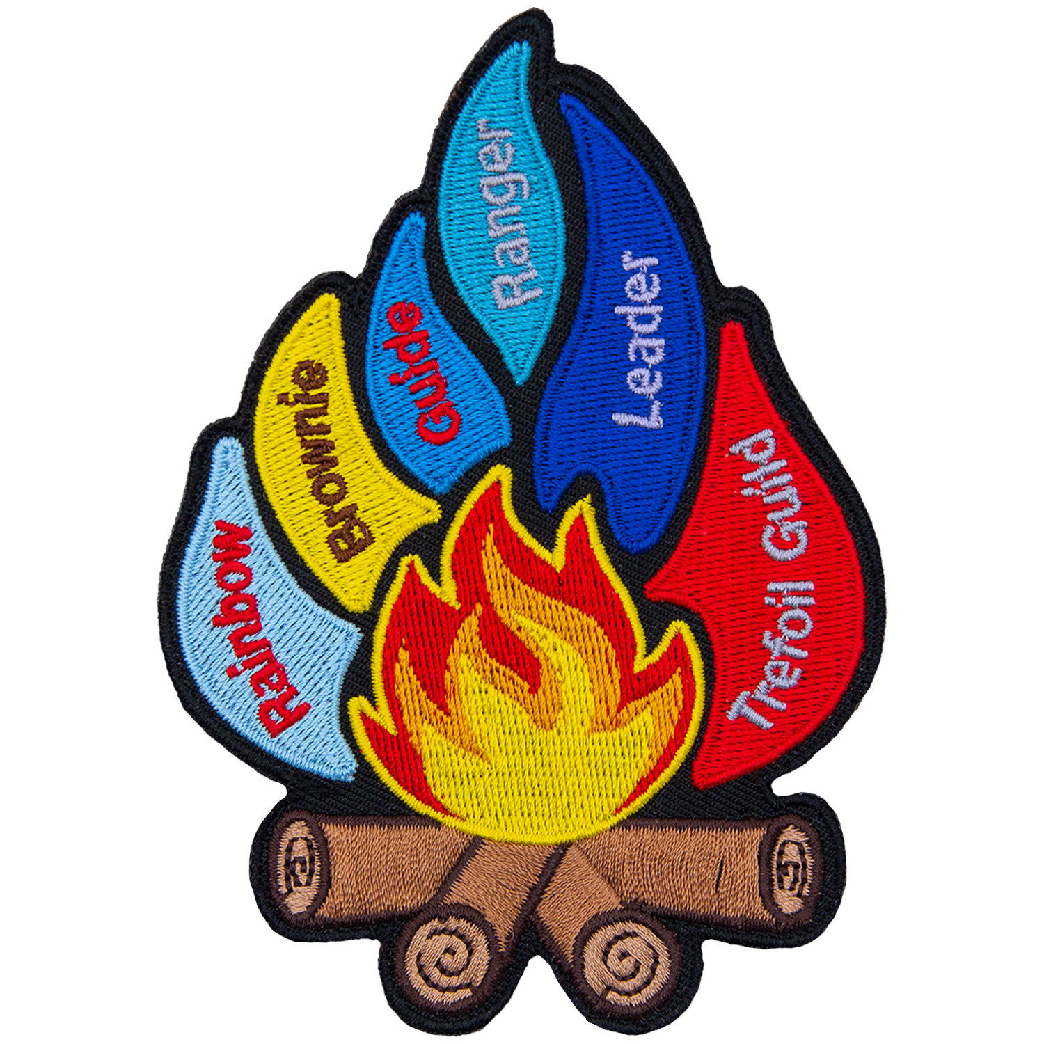This 1 piece patch creates the image of a roaring campfire with multi-coloured flames shooting off. From left to right the flames represent Rainbow, Brownie, Guide, Ranger, Leader, and Trefoil Guild.