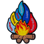 This 1 piece patch creates the image of a roaring campfire with multi-coloured flames shooting off. From left to right the flames represent Rainbow, Brownie, Guide, Ranger, Leader, and Trefoil Guild.