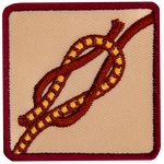 This square badge displays step three on how to make a square knot. Now just tighten the knot, and you're done.