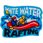 A red raft rocks in the choppy water as two riders paddle. The text White Water is at the top of the crest, and Rafting is at the bottom.