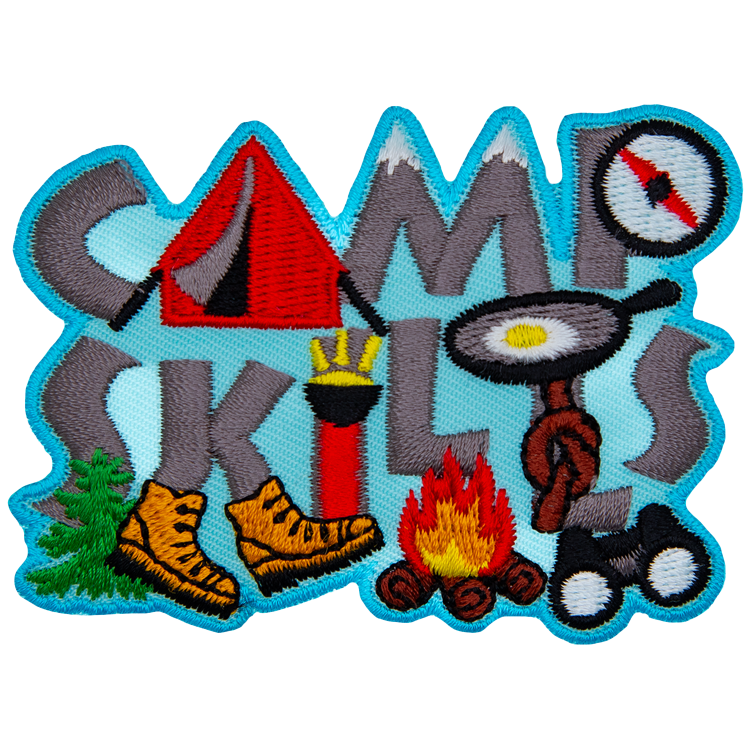 The words Camp Skills are made up of grey lettering and various camp activities such as hiking boots and a tent.