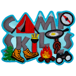 The words Camp Skills are made up of grey lettering and various camp activities such as hiking boots and a tent.