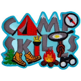 The words Camp Skills are made up of grey lettering and various camp activities such as hiking boots and a tent.