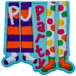 The words PJ Party are on and next to two pairs of pyjama pants. 