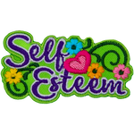 The words Self Esteem are written in cursive script and are surrounded by flowers and green vines.