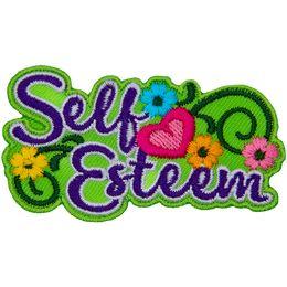 The words Self Esteem are written in cursive script and are surrounded by flowers and green vines.