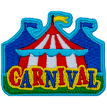 A red and white carnival tent is in the midground, with two blue ones in the background. The word Carnival is in the foreground.