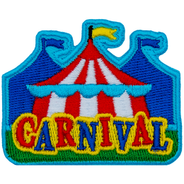 A red and white carnival tent is in the midground, with two blue ones in the background. The word Carnival is in the foreground.