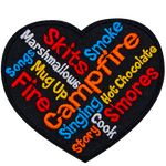 A wordle in the shape of a heart. It has campfire-related words, such as smoke, songs and cook.