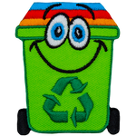 A cute green recycle bin with kooky eyes.