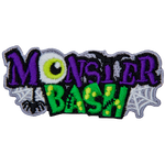 The words Monster Bash are stacked on top of each other, surrounded by spider webs and a bat. The O in monster is an eyeball.