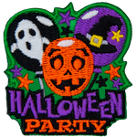 Three balloons sit over the words Halloween Party. From left to right, the balloons have pictures of a ghost, a pumpkin, and a witch's hat.