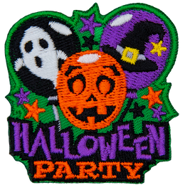 Three balloons sit over the words Halloween Party. From left to right, the balloons have pictures of a ghost, a pumpkin, and a witch's hat.