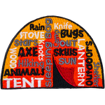 This square patch is filled with words going in every direction with a tent in the background. 