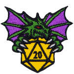A green dragon clutches a golden 20-sided dice in its front claws. The dragon has its wings spread out behind it.
