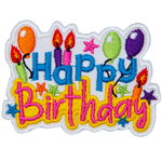 The words Happy Birthday are surrounded by candles and balloons.