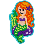 A mermaid sits on a rock at the bottom of the ocean floor. She has long hair with a starfish and a smile. Two stocks of seaweed sway off to the left of the crest.