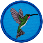 A hummingbird with wings spread wide open faces the right edge of this round circle badge.