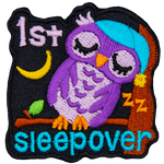 An owl on a branch sleeps against a tree. It wears a blue nightcap. The number 1 is above the word Sleepover.